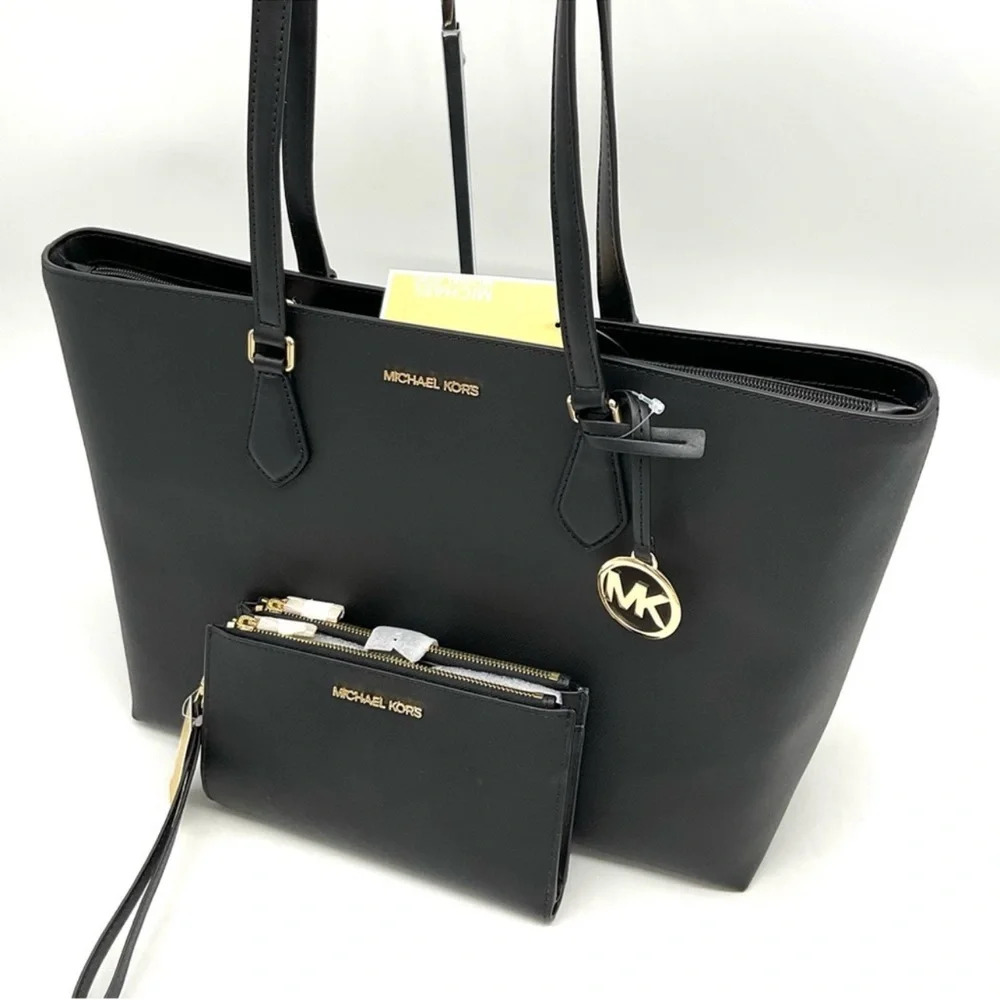 Michael Kors Bag Large Sheila Mf Tote Bag & Large Double Zip Wallet Black/Gold - Picture 11 of 15